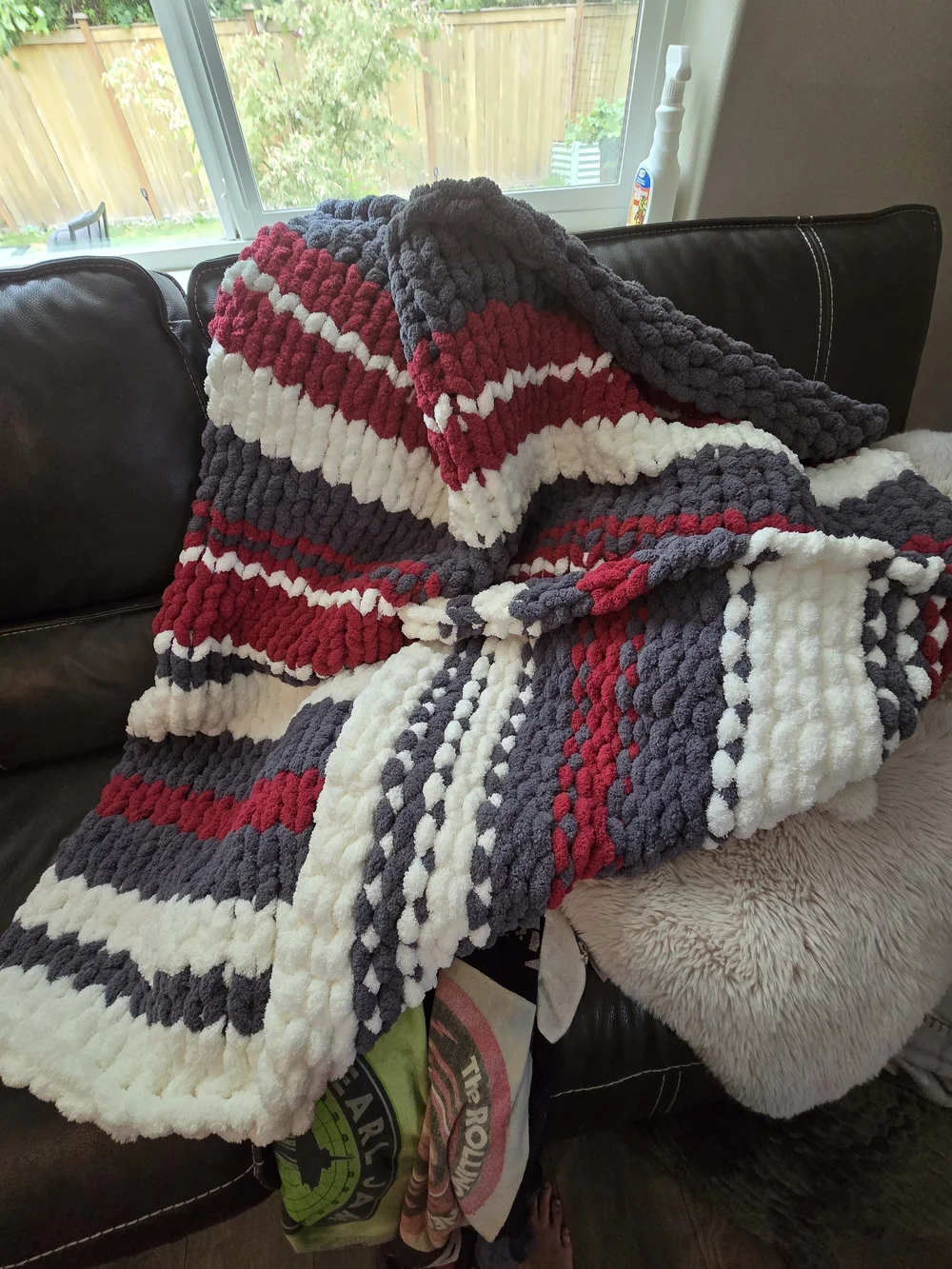 Hand Made Chunky Striped Knit Throw Blanket - Red, Gray & White